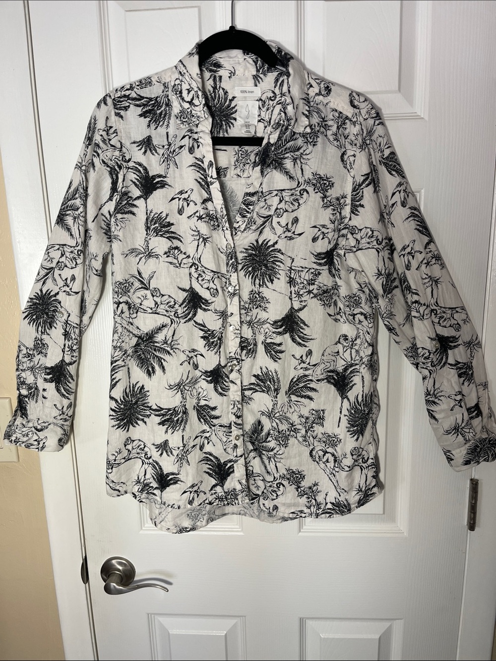 JOIE 100% linen tropical monkey bird toile button shirt black white long slv M